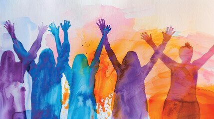Silhouetted figures with raised arms in front of a vibrant multicolored watercolor backdrop giving a sense of celebration and joy - obrazy, fototapety, plakaty