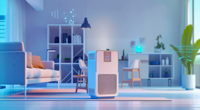 An air purifier in a cozy living room with modern furniture and ambient evening lighting, ai generated