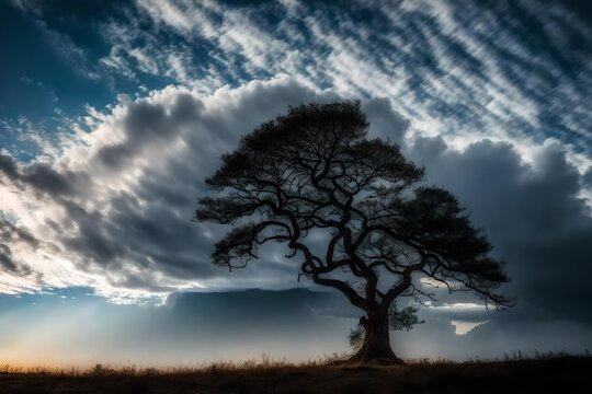 lonely tree silhouetted against clouds