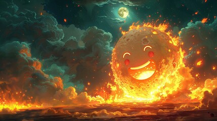 A lively cartoon scene unfolds as a meteor cloaked in fantasy flames - obrazy, fototapety, plakaty