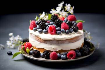 Birthday layered cake decorated with berries, blueberries, raspberries and blackberries with...