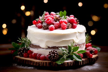 Layered cake decorated with berries, raspberries on top and fresh leaves, pine cones decoration on bokeh background for Christmas season or Birthday