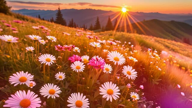 Video animation footage of  flower-filled meadow at sunrise or sunset. The sky is painted with warm hues, and the sun casts its golden rays across the landscape