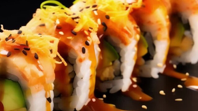 A sushi roll inspired by the vibrant flavors of Hawaii, with chunks of sweet and juicy pineapple combined with tender grilled shrimp and creamy avocado. The roll is adorned with a sprinkle