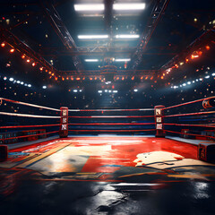 Inside of a Fighting Boxing ring inside a wrestling stadium with spotlights overhead ready for crowds and audiences Indoor Sports Entertainment Competition - obrazy, fototapety, plakaty