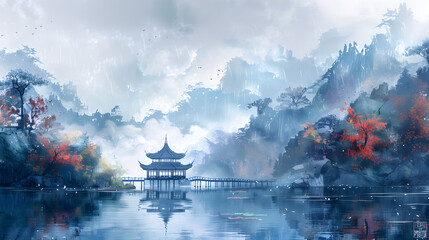 Chinese painting style landscape with tranquil atmosphere and traditional cultural elements. Suitable for relaxation and artistic appreciation.