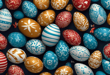 Fototapeta premium Easter seamless pattern with flat line icons of painted eggs. Egg hunt vector illustrations christianity traditional celebration wallpaper.