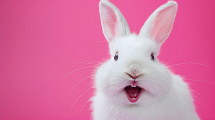 Laughing White Bunny on Pastel Pink Background. Cheerful Fluffy Bunny with Copy Space