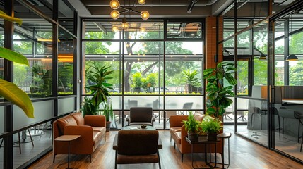 Stylish and Eco-Friendly Coworking Space Modern Interior Design with Ergonomic Furniture and Picturesque Views