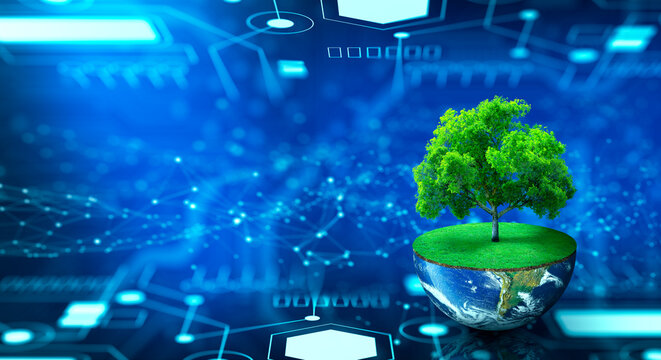 Tree on half of earth and green grass with Abstract background. Technology Convergence, Environment Technology, Green Computing, Green Technology, IT ethics and csr Concept. Image furnished by NASA.