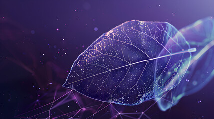 A partially transparent leaf with animated eco - friendly icons, with a tech grid overlay, against a deep purple background. - obrazy, fototapety, plakaty