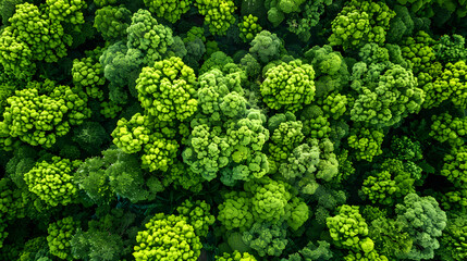 Aerial top view of green trees in a forest. The drone view of a dense green tree captures CO2....