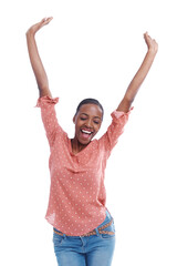 Winner, black woman and success for achievement, celebration and happiness isolated on white...