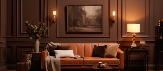 Living room with brown walls, decorative corner, classic door, lamp, and sofa.
