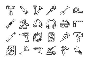 Construction tools line icon set