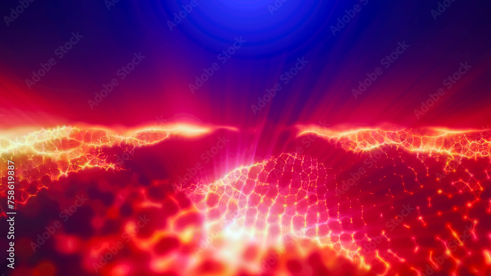 Poster orange energy magic digital high tech waves with light rays lines and energy particles. abstract bac