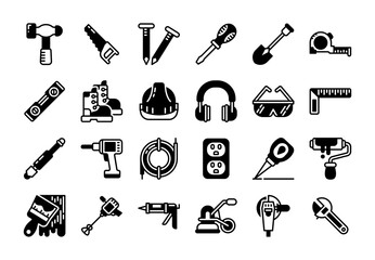 Construction tools glyph icon set