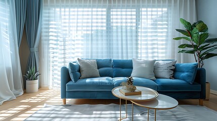 Fototapeta premium Living room with blue upholstered furniture window blinds and white net curtain