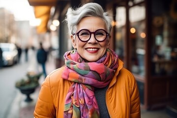 Portrait of happy senior woman with eyeglasses in the city