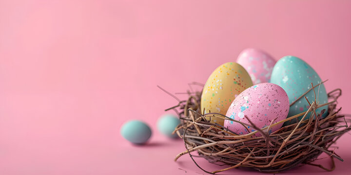 Colourful Array of Decorated Easter Eggs in a Nest on pastel pink background with copy space