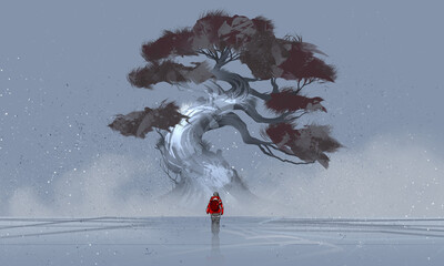 Digital illustration painting design style a man walking to
giant snow bonsai tree.