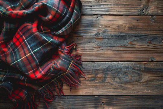 Flat lay view of tartan textured scarf on wooden background with