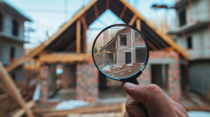 engineer use magnifying glass inspecting construction new house.inspecting construction and quality assurance new house. Engineers or architects or contactor work to build the house.