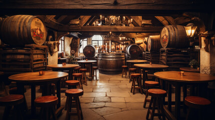 Professional photo of an old beer pub with beer barrels. The atmosphere of a traditional beer pub. Generative AI