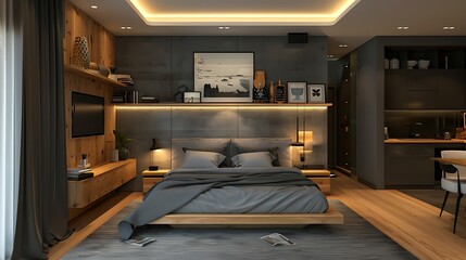 Modern grey and wooden interior of small studio apartment Front view of hotel flat room witn kitchen