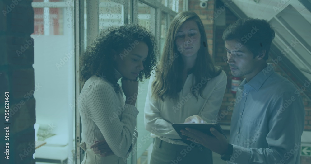 Poster image of data processing over diverse business people using tablet