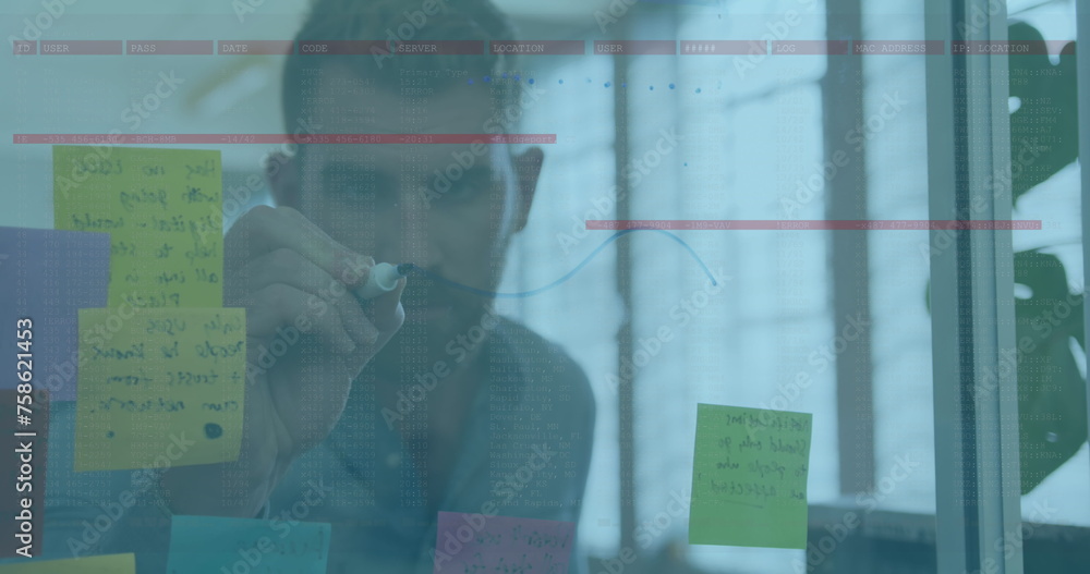 Poster image of data processing over caucasian businessman taking notes