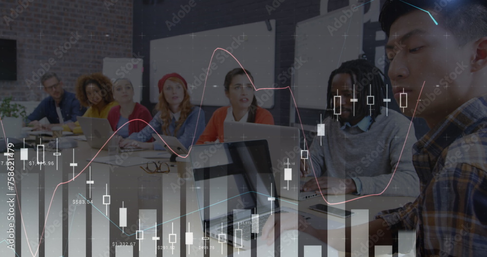 Poster image of financial data processing over diverse business people using laptops