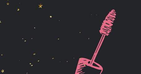 Naklejka premium Image of pink mascara brush, with gold stars on black background