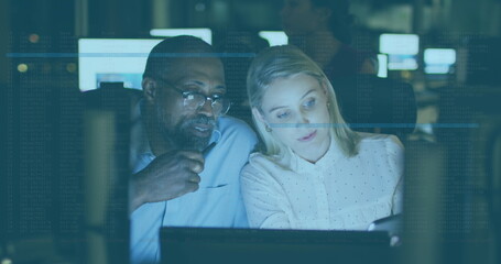 Image of lines over diverse business people using laptop