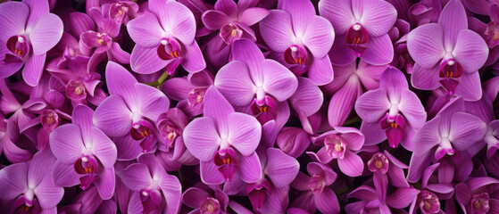 Top view background of bunch of blooming purple pink Orchids flower petals plant created with Generative AI Technology - obrazy, fototapety, plakaty