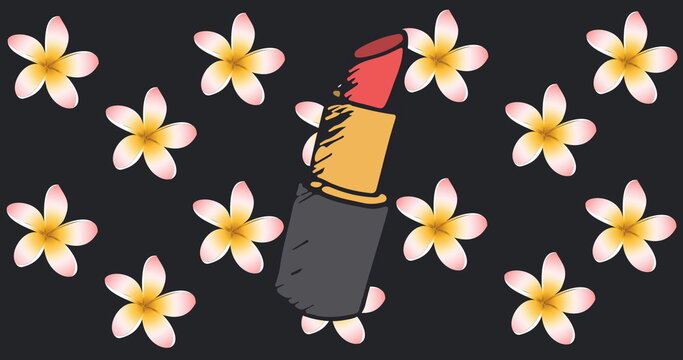 Image of lipstick over flowers on black background