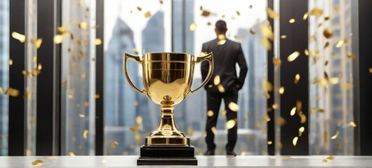 Happy middle aged business person ceo wearing suit standing in office with winning trophi. Smiling mature businessman professional executive.