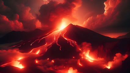 Volcanic Landscape Illuminated by Fiery Lava Flow Under Night Sky