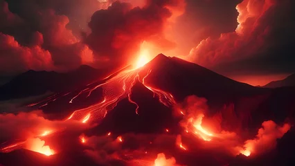 Gardinen Volcanic Landscape Illuminated by Fiery Lava Flow Under Night Sky © Nature Canvas