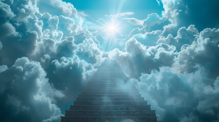 Stairway to heaven in heavenly concept. Religion background. Stairway to paradise in a spiritual concept. Stairway to light in spiritual fantasy. Path to the sky and clouds. God light  - obrazy, fototapety, plakaty
