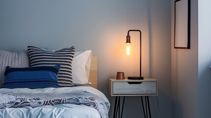 modern lamp on table side with picture frame on wall in bedroom design