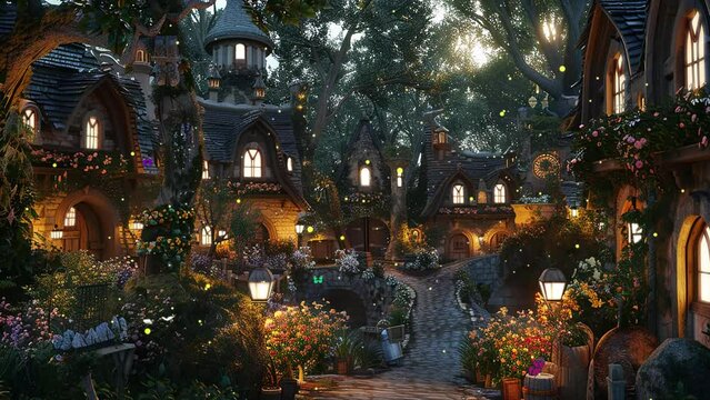magical fantasy background with forest. elves town 3d CG fantasy background. seamless looping overlay 4k virtual video animation background