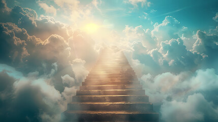 Stairway to heaven in heavenly concept. Religion background. Stairway to paradise in a spiritual concept. Stairway to light in spiritual fantasy. Path to the sky and clouds. God light  - obrazy, fototapety, plakaty