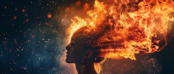 Woman hair burning like fire desires Illustrate the depths of human desires by capturing fire as a metaphorical representation - obrazy, fototapety, plakaty