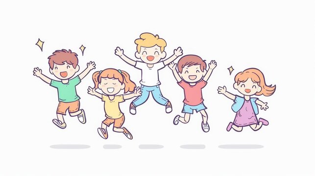 Illustration of cute kids jumping in flat design style.