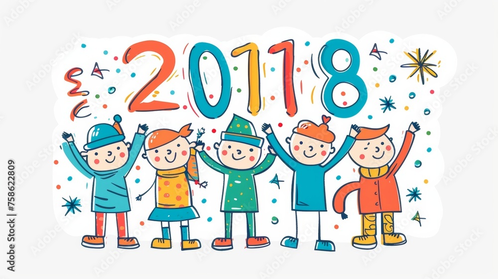 Poster design concept for a happy new year card with a people character built into the text of 2018. modern