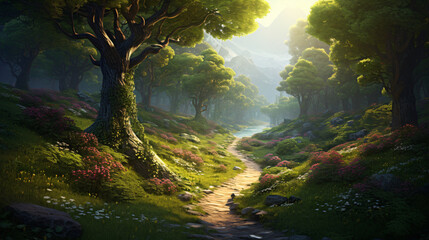 A picturesque landscape with a path leading to a lush