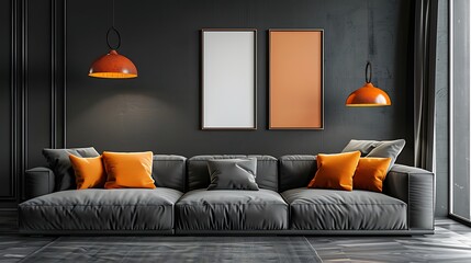 Orange lamps above grey couch in black living room interior with poster