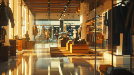 Elegant clothing and handbags are displayed in a luxurious and modern boutique with bright lighting and stylish decor.