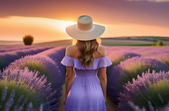 A young girl in a lilac dress, in a straw hat, with long hair stands on a lavender field, with her back to the viewer, at sunset. High quality photos